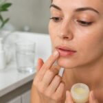 Mulher aplicando creme em um pequeno herpes labial no lábio inferior em um banheiro iluminado.