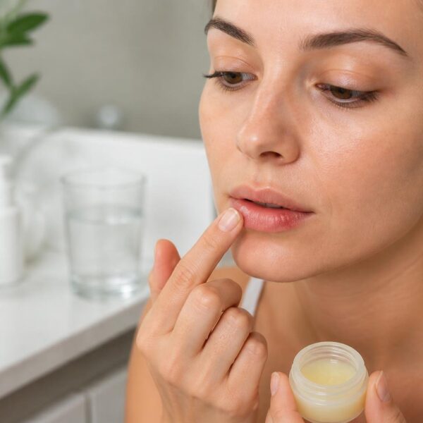 Mulher aplicando creme em um pequeno herpes labial no lábio inferior em um banheiro iluminado.