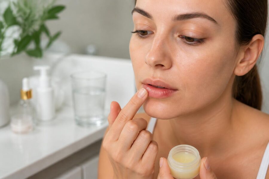 Mulher aplicando creme em um pequeno herpes labial no lábio inferior em um banheiro iluminado.