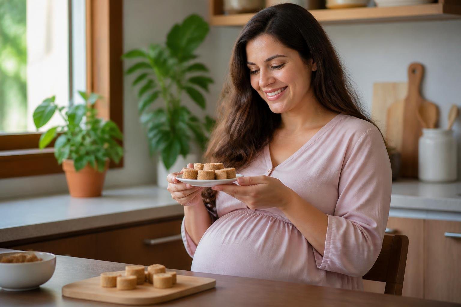 Mulher grávida sentada à mesa segurando um prato com paçoca, em um ambiente iluminado e acolhedor.