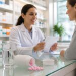 Frasco aberto de comprimidos de difenidramina sobre uma mesa de vidro, com um copo de água ao lado e um farmacêutico conversando com um paciente ao fundo em uma farmácia.