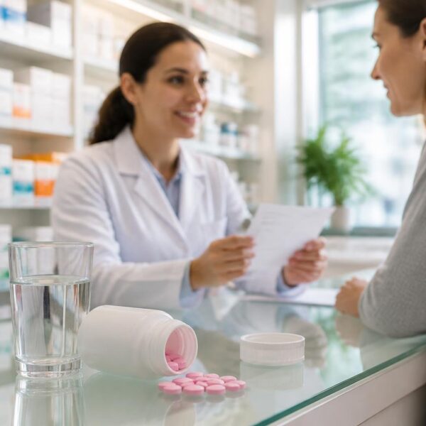 Frasco aberto de comprimidos de difenidramina sobre uma mesa de vidro, com um copo de água ao lado e um farmacêutico conversando com um paciente ao fundo em uma farmácia.