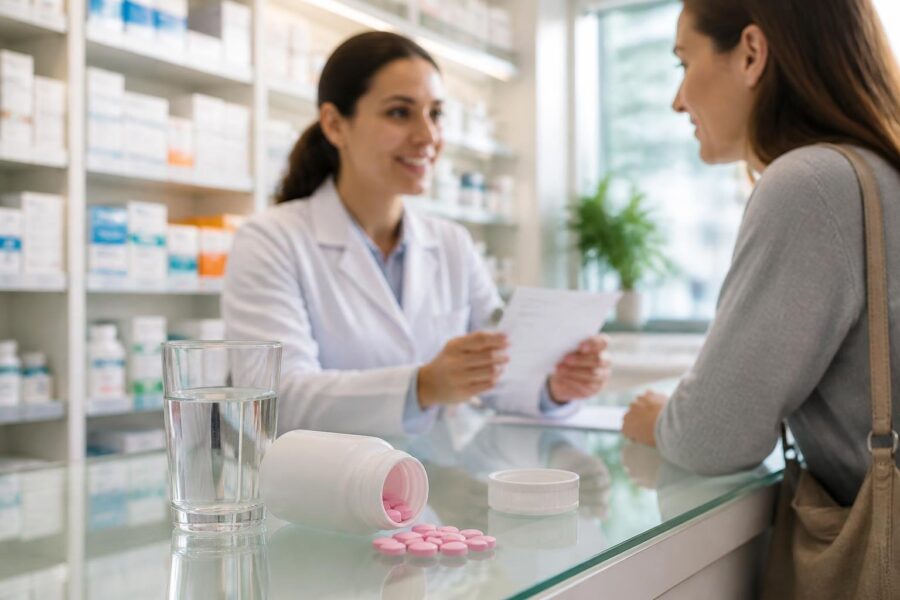 Frasco aberto de comprimidos de difenidramina sobre uma mesa de vidro, com um copo de água ao lado e um farmacêutico conversando com um paciente ao fundo em uma farmácia.