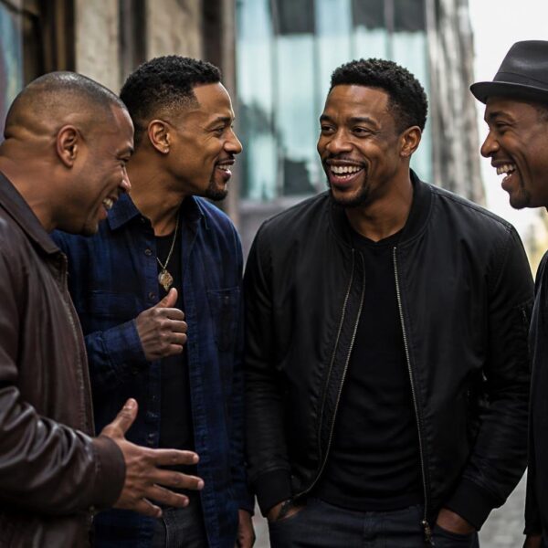 Quatro homens afro-americanos sorrindo e conversando em uma rua movimentada da cidade durante o dia.