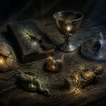 Sete objetos mágicos antigos representando as Horcruxes, dispostos sobre uma mesa de madeira com sinais de destruição e efeitos de luz mágica ao redor.