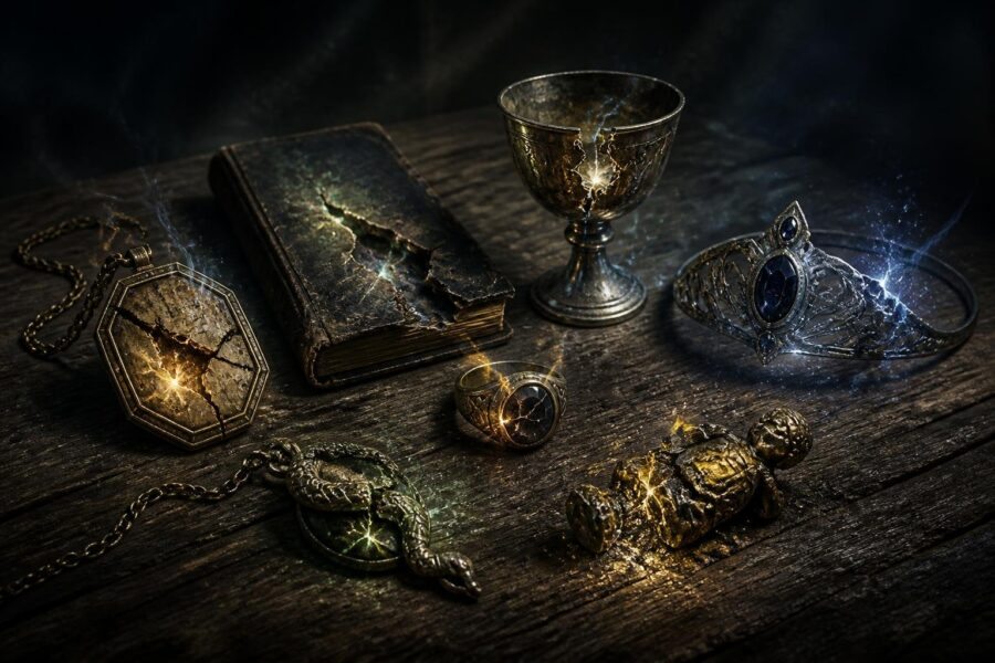 Sete objetos mágicos antigos representando as Horcruxes, dispostos sobre uma mesa de madeira com sinais de destruição e efeitos de luz mágica ao redor.