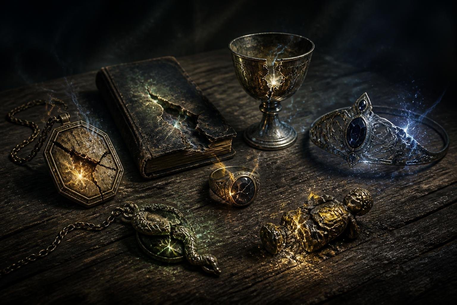 Sete objetos mágicos antigos representando as Horcruxes, dispostos sobre uma mesa de madeira com sinais de destruição e efeitos de luz mágica ao redor.