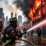 Bombeiro em equipamento completo combatendo um grande incêndio em um prédio na cidade de Chicago, com fumaça e chamas ao redor.