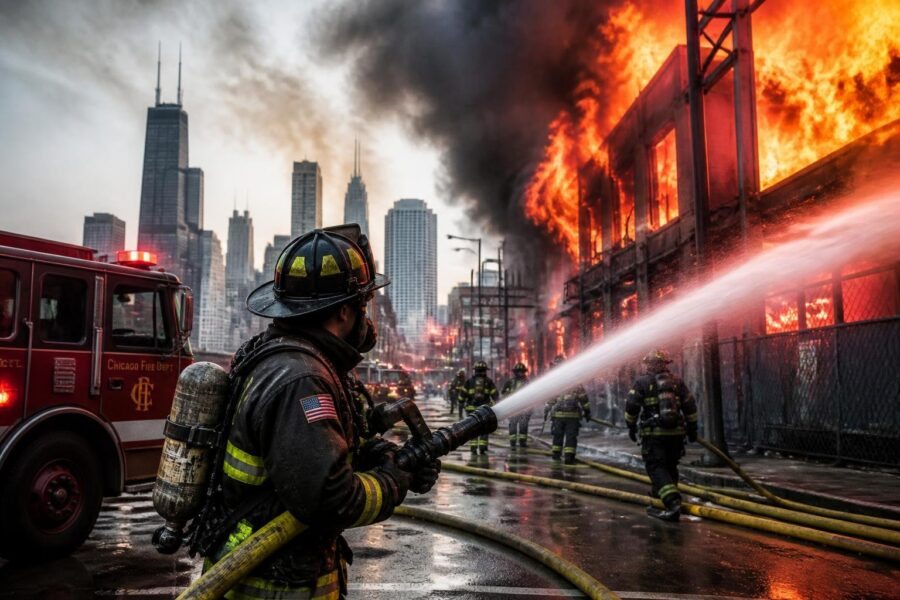 Bombeiro em equipamento completo combatendo um grande incêndio em um prédio na cidade de Chicago, com fumaça e chamas ao redor.