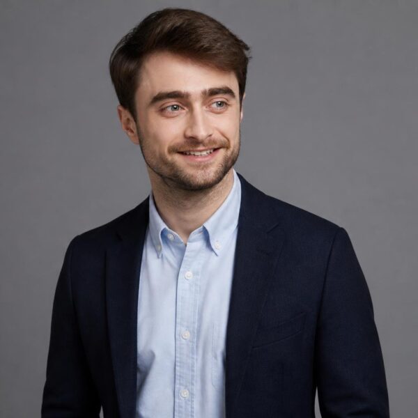 Homem parecido com Daniel Radcliffe em pé, vestindo blazer escuro e camisa clara, olhando ligeiramente para o lado contra fundo neutro.
