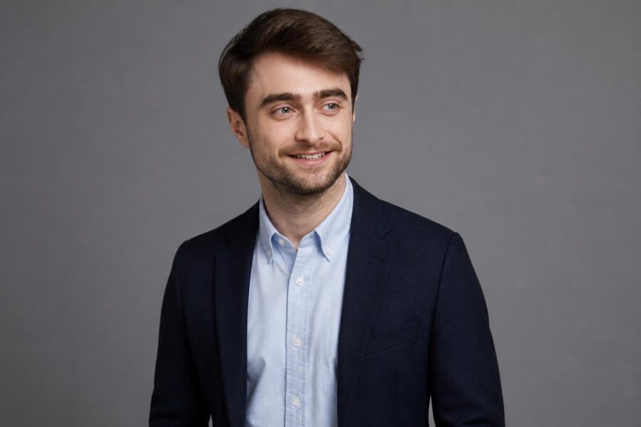 Homem parecido com Daniel Radcliffe em pé, vestindo blazer escuro e camisa clara, olhando ligeiramente para o lado contra fundo neutro.