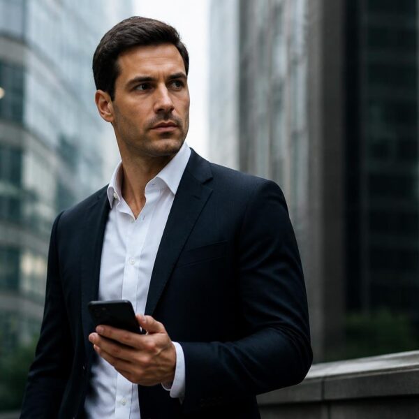 Homem confiante e vestido formal em uma cidade moderna, olhando para o lado com expressão séria.