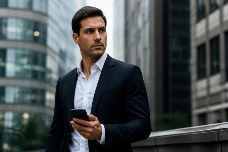Homem confiante e vestido formal em uma cidade moderna, olhando para o lado com expressão séria.