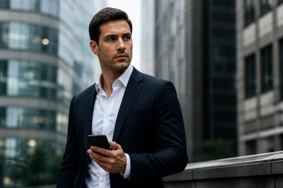 Homem confiante e vestido formal em uma cidade moderna, olhando para o lado com expressão séria.