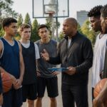 Treinador com um grupo de jogadores de basquete jovens em uma quadra ao ar livre durante o dia.