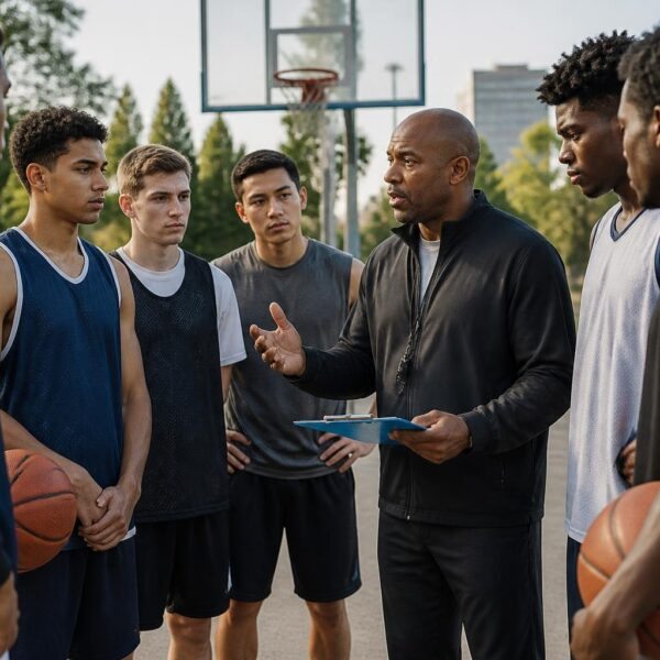 Treinador com um grupo de jogadores de basquete jovens em uma quadra ao ar livre durante o dia.