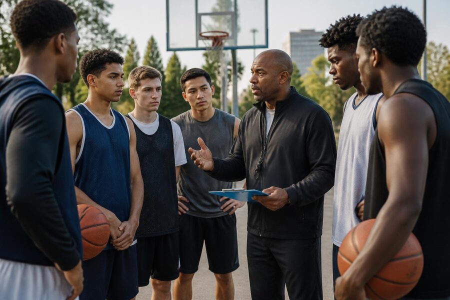 Treinador com um grupo de jogadores de basquete jovens em uma quadra ao ar livre durante o dia.