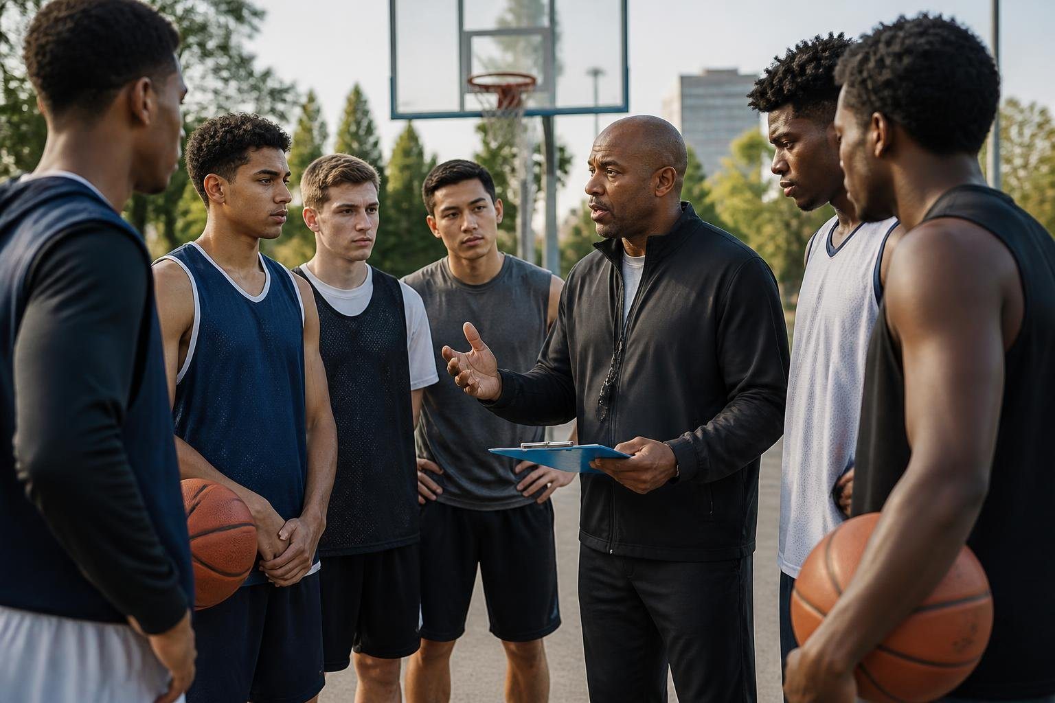 Treinador com um grupo de jogadores de basquete jovens em uma quadra ao ar livre durante o dia.