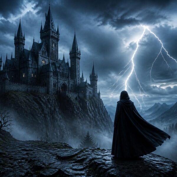Castelo gótico em um penhasco à noite com céu tempestuoso e uma figura misteriosa de capa preta olhando para o vale coberto de névoa.