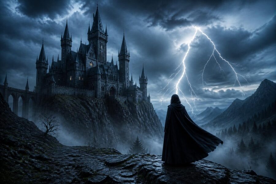 Castelo gótico em um penhasco à noite com céu tempestuoso e uma figura misteriosa de capa preta olhando para o vale coberto de névoa.