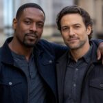 Dois homens juntos, sorrindo e mostrando amizade em um ambiente urbano.