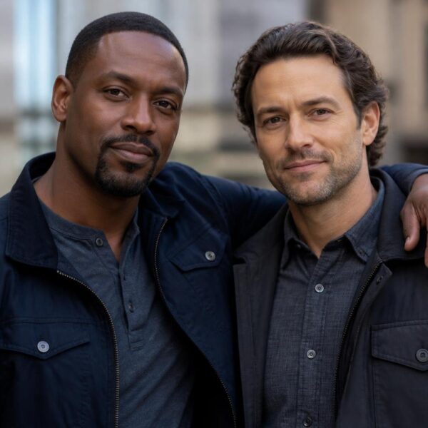 Dois homens juntos, sorrindo e mostrando amizade em um ambiente urbano.