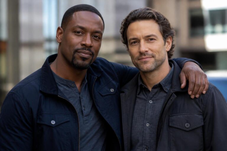 Dois homens juntos, sorrindo e mostrando amizade em um ambiente urbano.